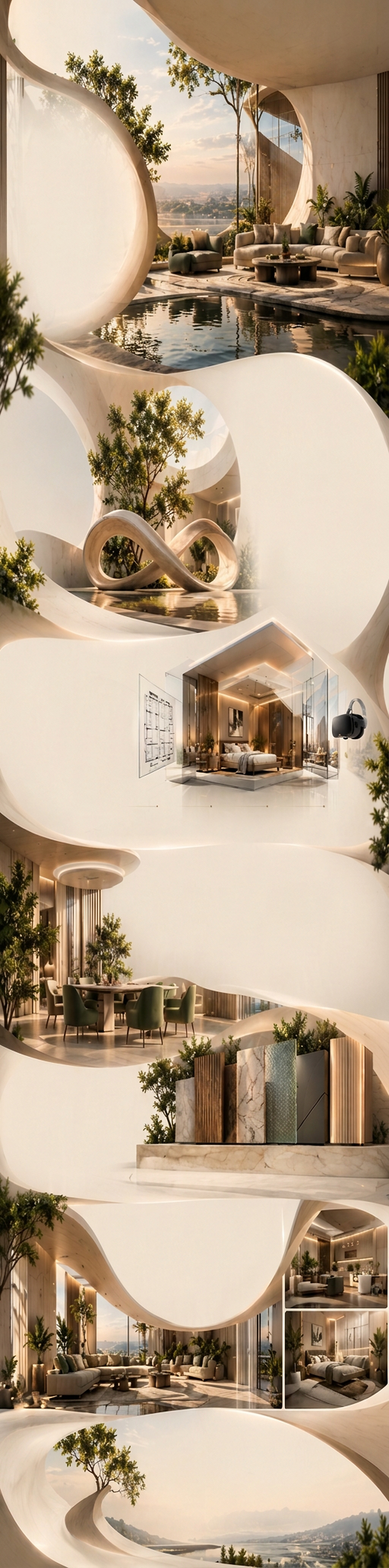 Sculptural ivory architecture with sunlit interiors, reflecting pools and natural materials